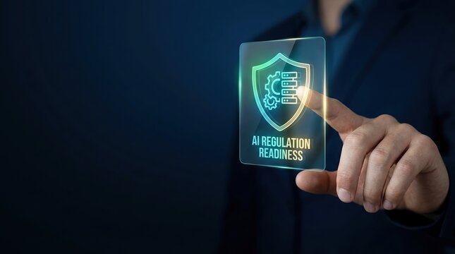 AI Regulation Readiness, artificial intelligence, compliance, data governance, ethics, cyber security, shield on digital screen for corporate legal framework and technology safety.