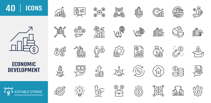 Economic development icon set. Includes finance, growth, investment, income, wealth, industry, trade, productivity and more. Outline icon set. Vector illustration with editable stroke