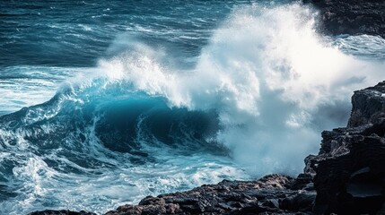 A powerful ocean wave crashes against a rocky shoreline, creating a dramatic display of nature's raw energy and the dynamic interaction between water and land, showcasing the beauty of the sea