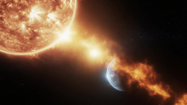 A dramatic illustration of a powerful solar flare or coronal mass ejection erupting from a star and impacting a nearby planet in space.