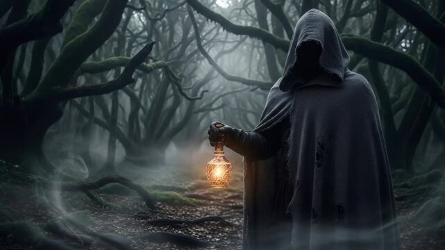 Man in hooded cloak walking through a dark, foggy, ancient forest with a glowing lantern. Fantasy journey with mystic and supernatural concept.