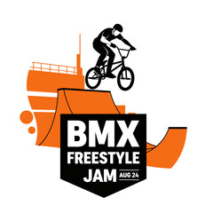 Naklejka premium Energetic Bmx Rider Performing Extreme Freestyle Tricks on a Ramp