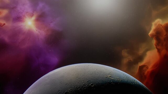 A celestial body with a textured surface against a backdrop of colorful nebulae and a distant bright star in deep space.