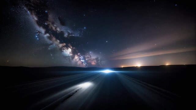 A breathtaking night scene featuring the Milky Way galaxy stretching across the dark sky above a vast, open landscape with a bright light source on the horizon.