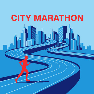 Energetic Runner Navigates Winding City Marathon Track Amidst Modern Skyline
