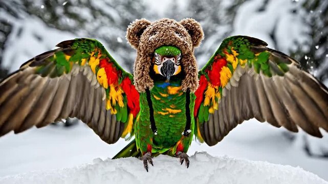 Colorful parrot wearing a brown bear hat with spread wings stands in a snowy winter setting, suitable for winter holiday, animal theme, unique concept, seasonal promotion, and nature.