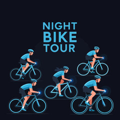 Fototapeta premium Evening Cycling Adventure: Group Cyclists Exploring Cityscape Under Dim Blue Illumination