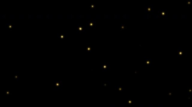 Fireflies flying in the dark, golden bokeh light particles, seamless loop on black background