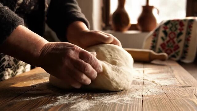 A person kneading dough on a wooden table in a warm, rustic kitchen setting, suggesting home baking or traditional cooking.
