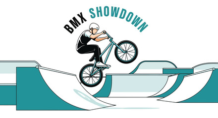 Naklejka premium Extreme Bmx Rider Performing Tricks In Skatepark Illustration