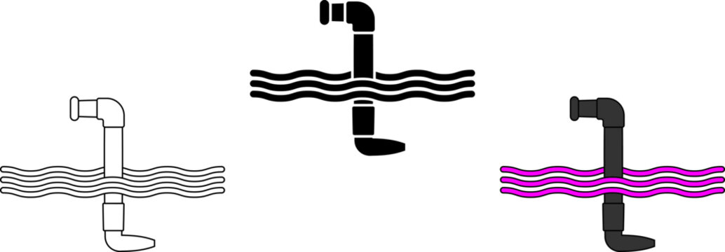Set of three submarine periscope icons above wavy water in outline, solid black, and colorful style