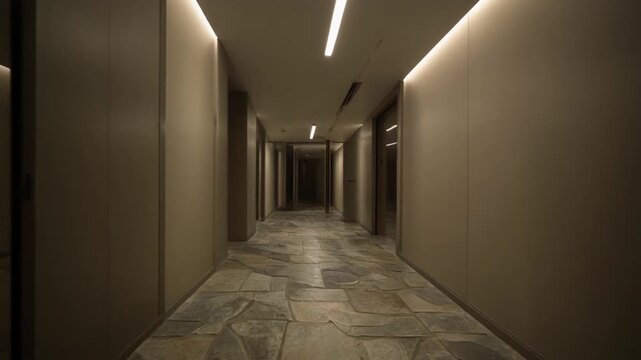 A long corridor with marble flooring and recessed lighting viewed from the entrance