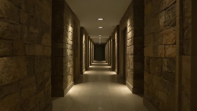 A long, dimly lit stone corridor with arches and recessed lighting viewed from the entrance