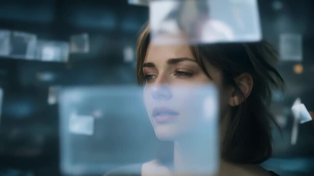 A thoughtful woman surrounded by floating digital visuals in a conceptual environment. The concept of information overload, digital communication, emotional impact of technology, and modern online.