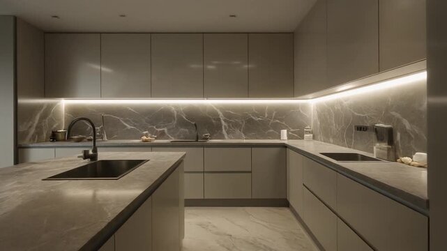 Modern kitchen interior with sleek countertops, minimalist cabinets, and soft lighting, viewed from a corner perspective.