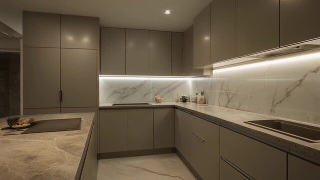 Modern kitchen interior with sleek cabinets and marble countertops illuminated by under-cabinet lighting, showcasing a contemporary design and sophisticated ambiance from a corner viewpoint