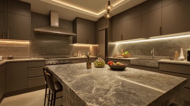 Modern kitchen interior with sleek marble island and dark cabinets viewed from an angle with ample lighting.