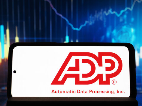 In this photo illustration,  ADP (Automatic Data Processing, Inc.) logo seen displayed on a smartphone.