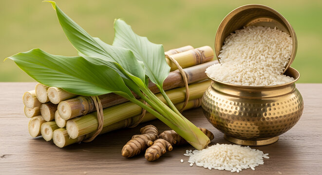 Sugarcane stalks, raw rice grains, and turmeric arranged on a wo