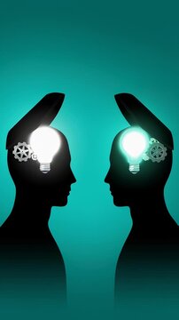 Black silhouettes of two heads exchanging a glowing lightbulb idea and rotating gears on a teal background, illustrating knowledge transfer and collaboration concepts in an animation