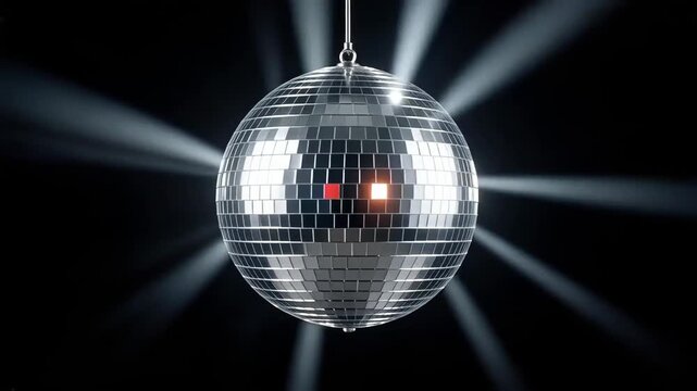Rotating Silver Mirror Disco Ball with Bright Light Rays on Black