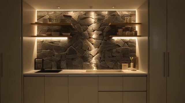 Modern kitchen interior with decorative stone wall, illuminated shelves, and sleek cabinetry at night