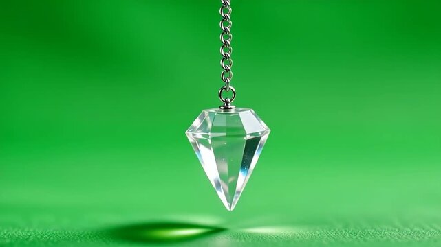 Clear Diamond Crystal Pendulum Swinging on Chain over Green Background