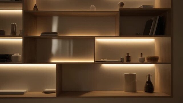 Modern wooden shelves with decorative objects and soft lighting in a minimalist interior design setting from a frontal viewpoint