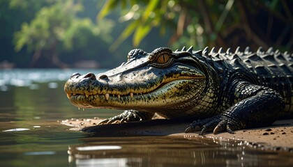 Obraz premium Crocodile resting near riverbank with textured skin and realistic lighting