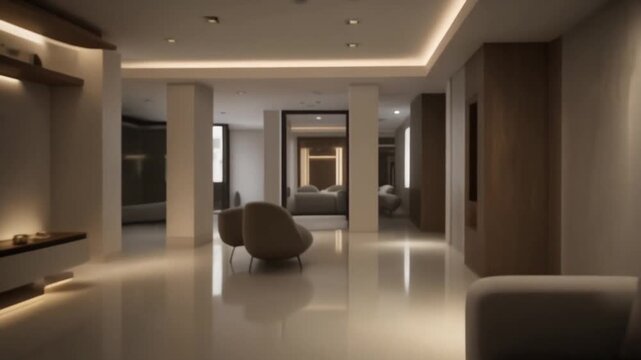 Modern interior design featuring a sleek lounge chair in a minimalist living room with recessed lighting and a glossy floor