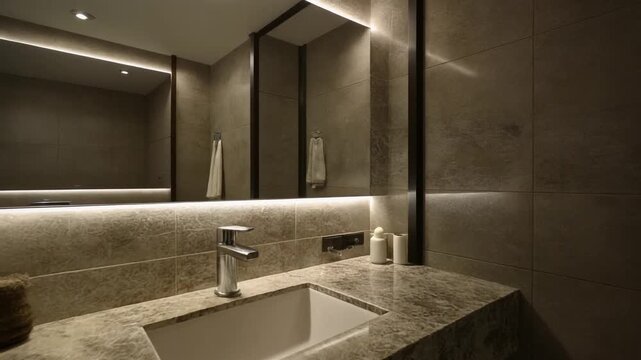 Modern bathroom interior with sleek sink, mirror, and ambient lighting, viewed from a corner perspective.