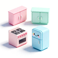 パステルカラーのかわいいアイソメキッチンセット3D
