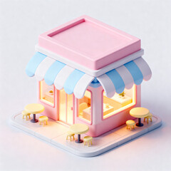 パステル調のかわいいアイソメカフェ建物3Dオブジェクト