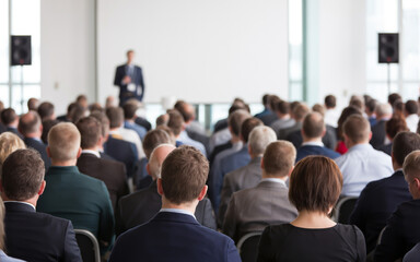 Obraz premium A professional conference with a speaker addressing a large audience in a modern setting