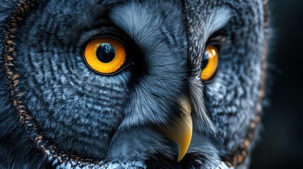 Close up of a Great Grey Owls intense yellow eyes and detailed feathers.