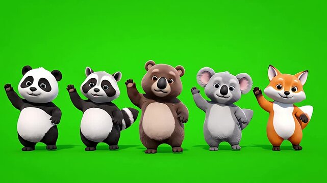 Cute Animals Dancing 3D Character Animation Waving on Chroma Key Green Screen Background