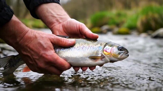 A person gently holds a vibrant rainbow trout in a flowing stream, embodying a sense of connection with nature and peace.