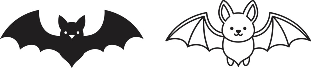 Cute cartoon bat and spooky flying bat silhouette in a black and white cad drawing flat vector illustration for Halloween decor