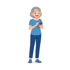Happy Senior Asian Woman Smiling and Using a Smartphone with Both Hands in a Casual Pose