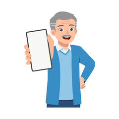 Smiling happy confident Asian elderly man holding up a smartphone with blank white screen wearing blue cardigan