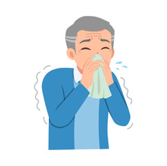 Asian Elderly Man Sneezing and Blowing Nose into Tissue Feeling Unwell with Cold or Allergy Symptoms