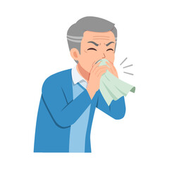 Asian Senior Man Sneezing into a Tissue Feeling Unwell or Sick with Distressed Expression in Flat Illustration Style