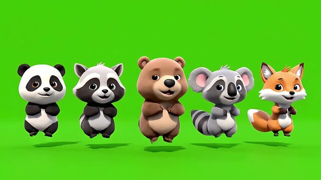 Adorable cartoon animals, including a panda, raccoon, bear, koala, and fox, dance together on a bright green screen background