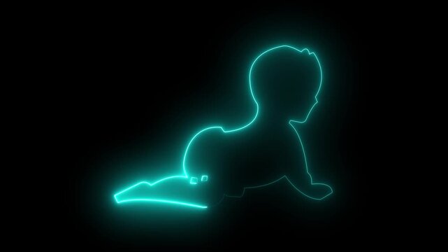 Glowing neon baby animated icon on a black background. Childhood care.black background..4k video