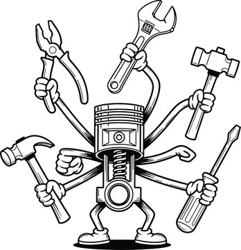 A multiarmed cartoon piston character mascot standing and holding various mechanics hand tools.