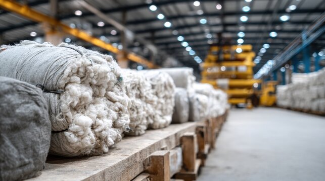 Textile industry cotton bales being unloaded in factory on blurred background 