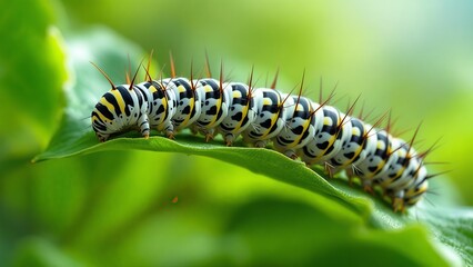 Fototapeta premium Macro View of a Colorful Striped Caterpillar Crawling on a Green Leaf