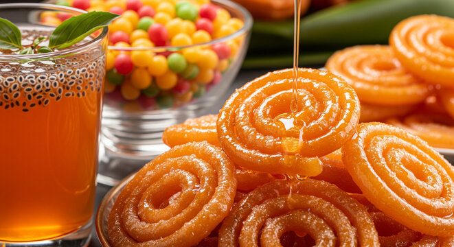 Sweet jalebi dessert with syrup and chia seeds drink