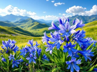 Obraz premium Blue Agapanthus flowers blooming in a lush green mountain meadow under a clear blue sky with soft white clouds