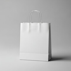 A white shopping bag with a silver handle against a gray background